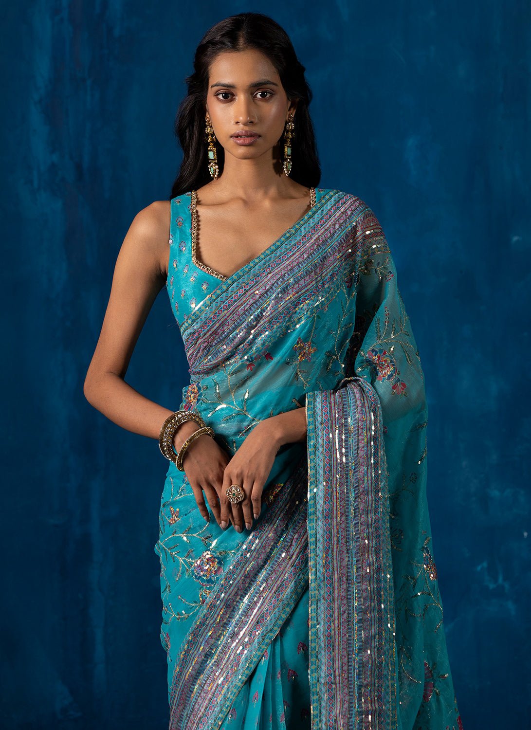 Sea Green Multicolor Embroidered Chiffon Saree - Lashkaraa