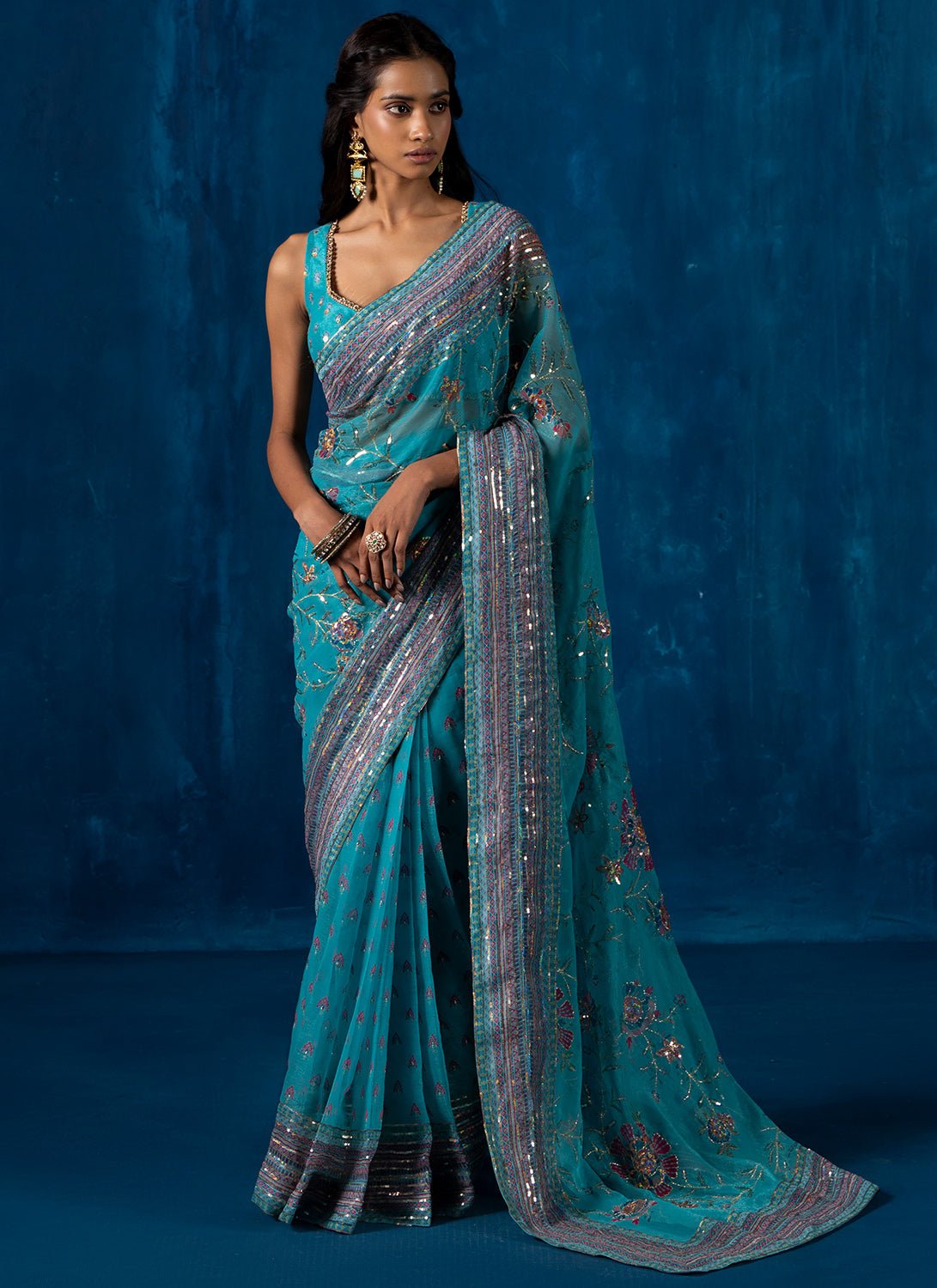 Sea Green Multicolor Embroidered Chiffon Saree - Lashkaraa