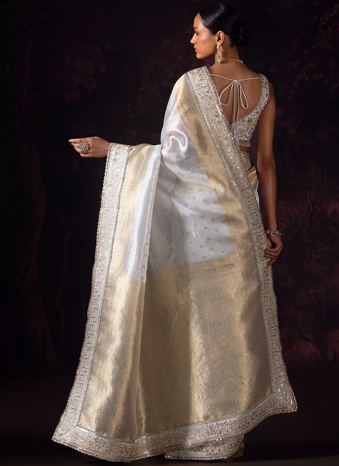 Silver and Gold Embroidered Tissue Saree - Lashkaraa