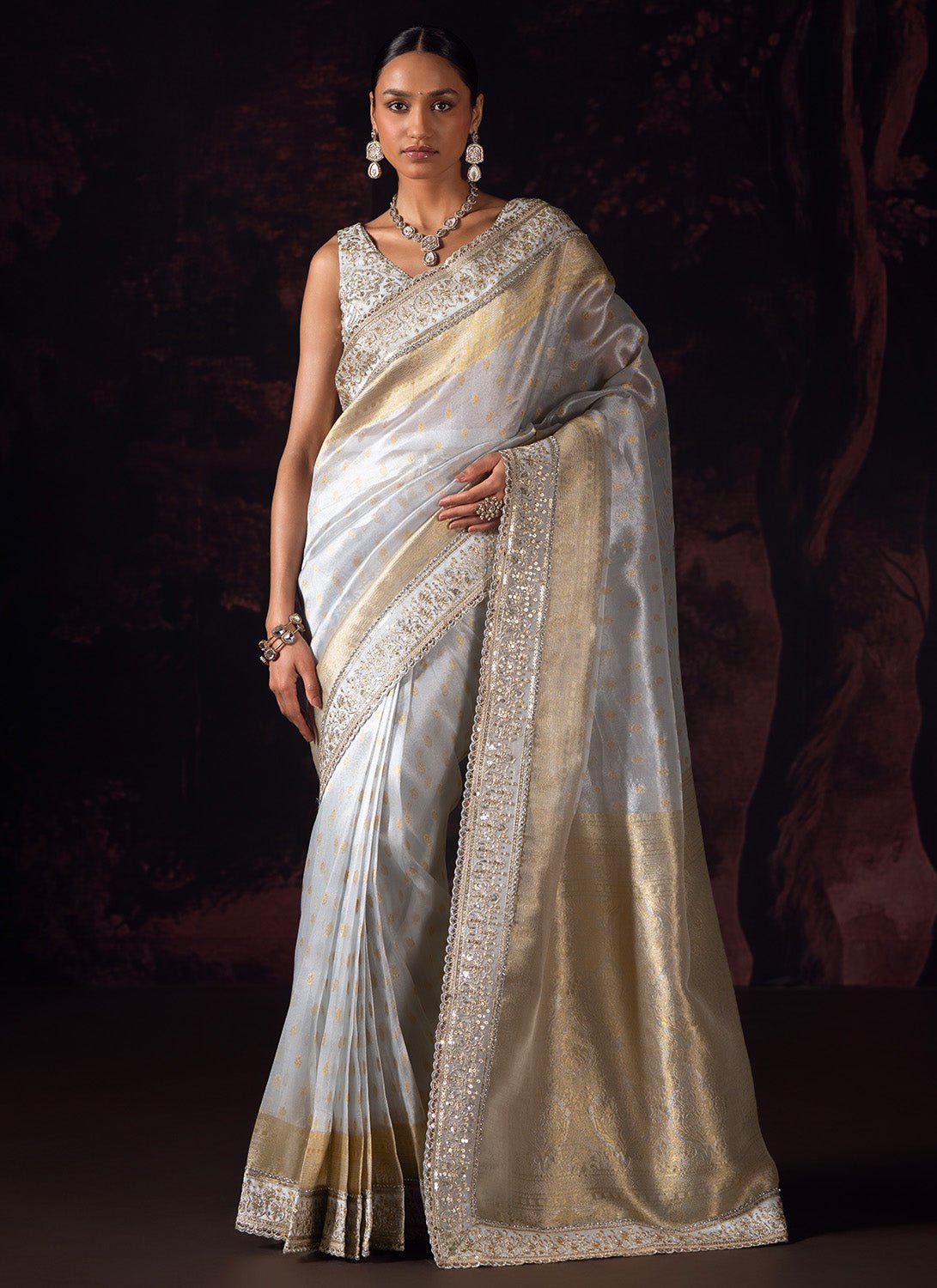 Silver and Gold Embroidered Tissue Saree - Lashkaraa