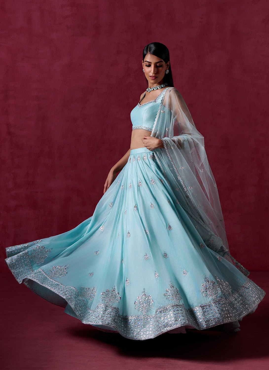 Sky Blue Embroidered Crepe Lehenga - Lashkaraa
