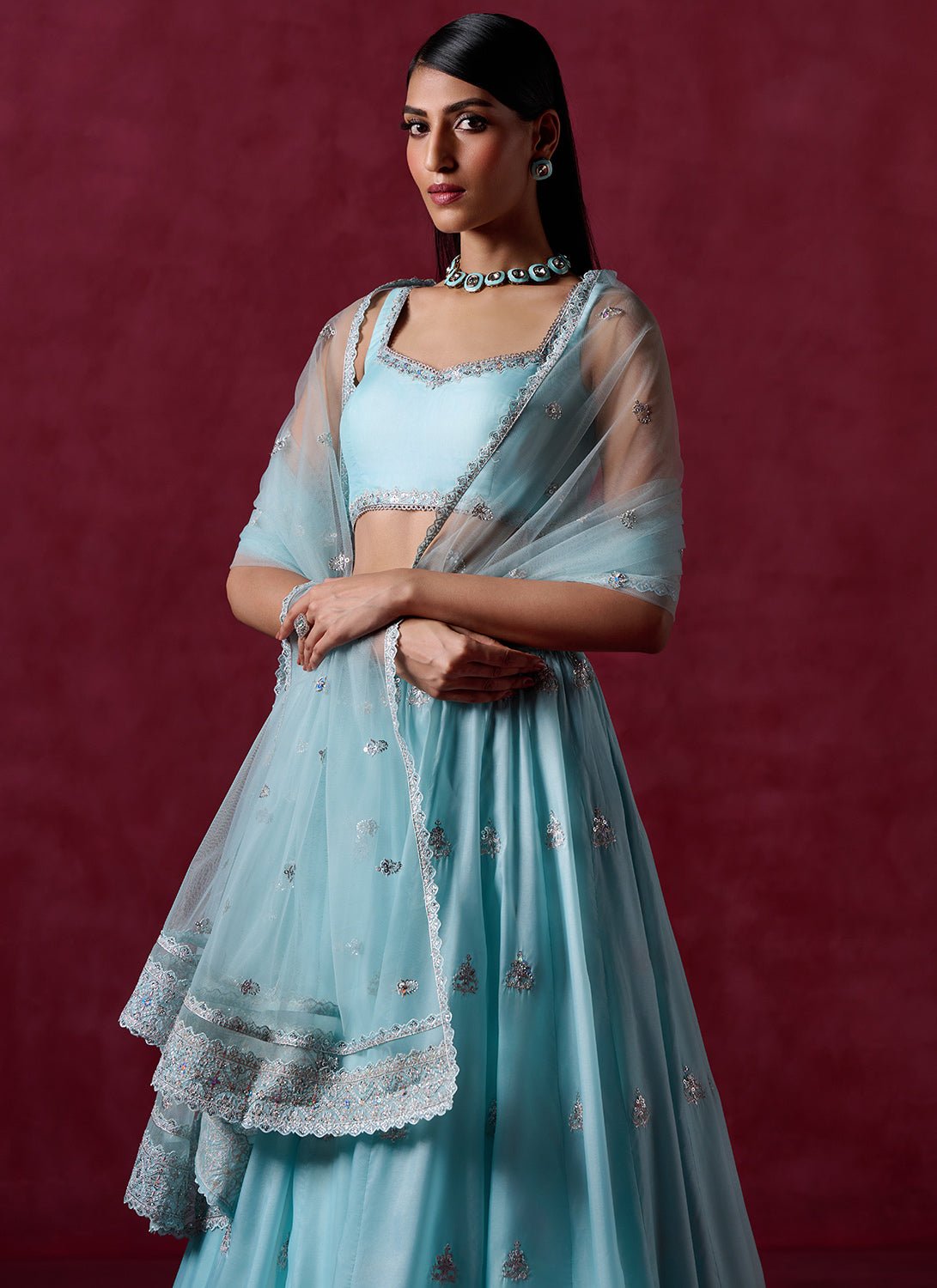 Sky Blue Embroidered Crepe Lehenga - Lashkaraa