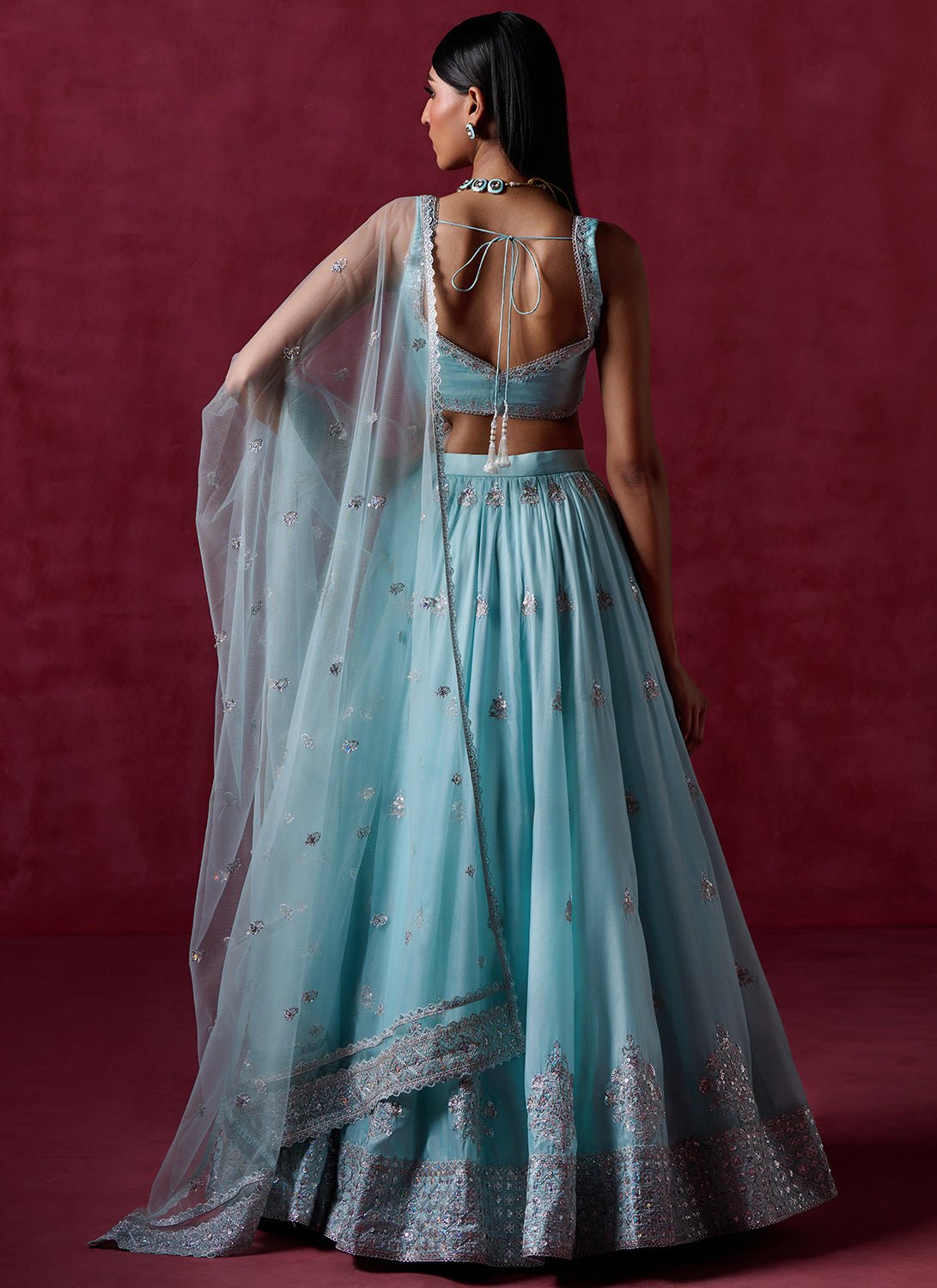 Sky Blue Embroidered Crepe Lehenga - Lashkaraa