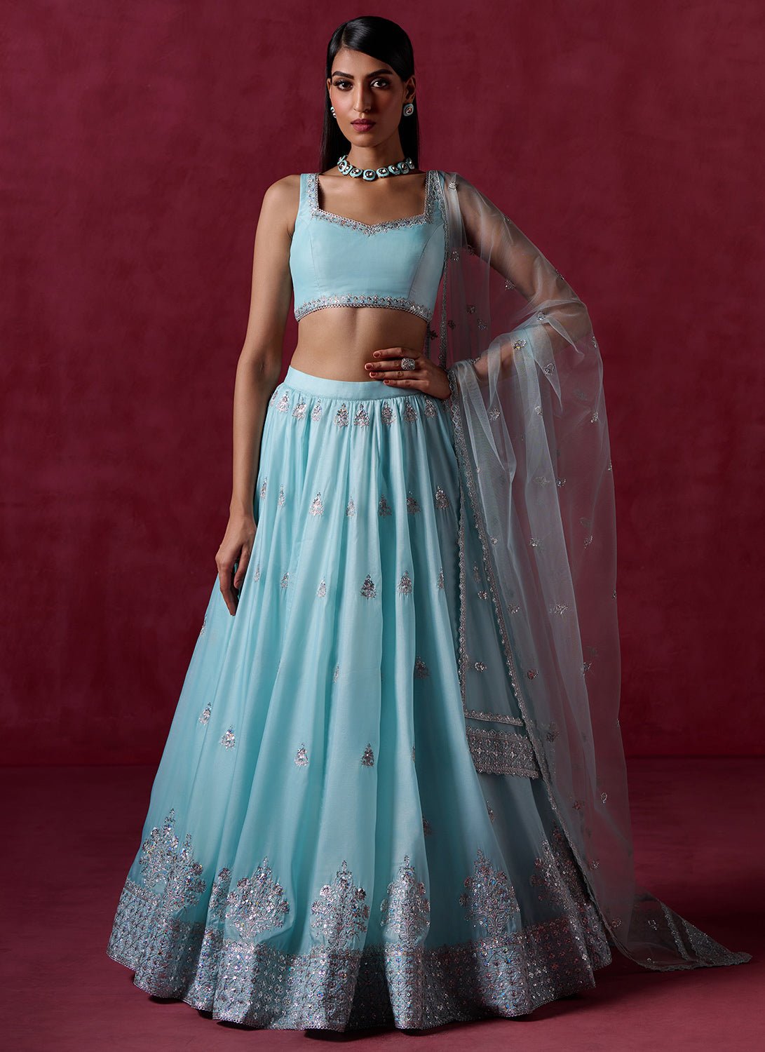 Sky Blue Embroidered Crepe Lehenga - Lashkaraa