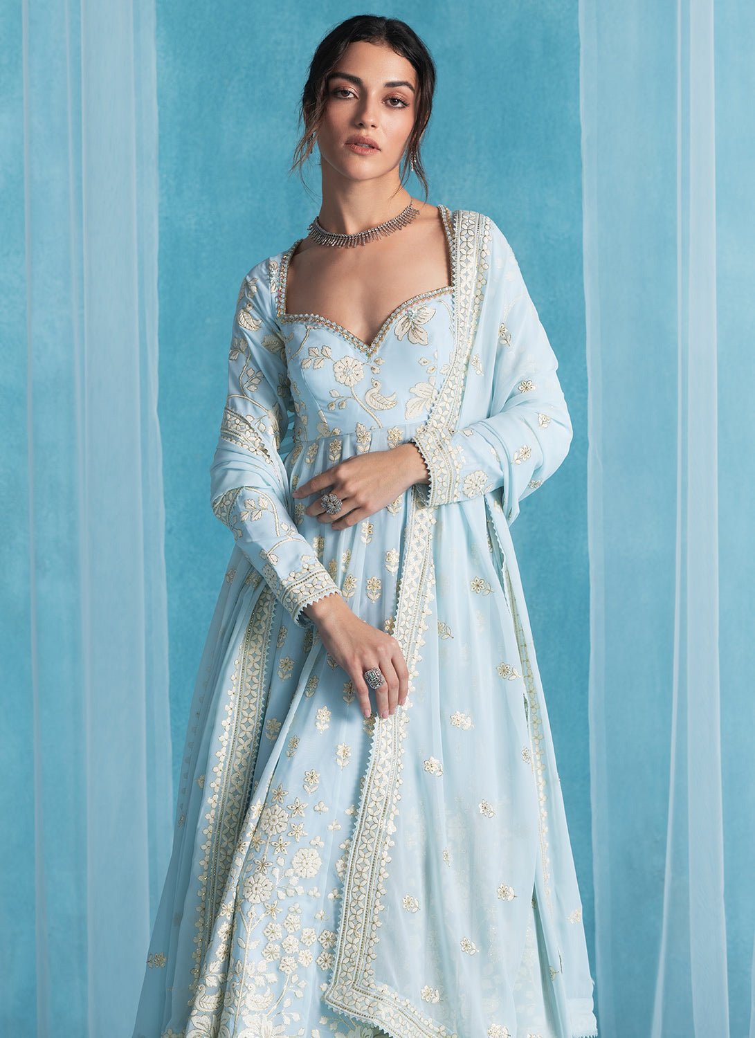 Sky Blue Embroidered Georgette Anarkali - Lashkaraa