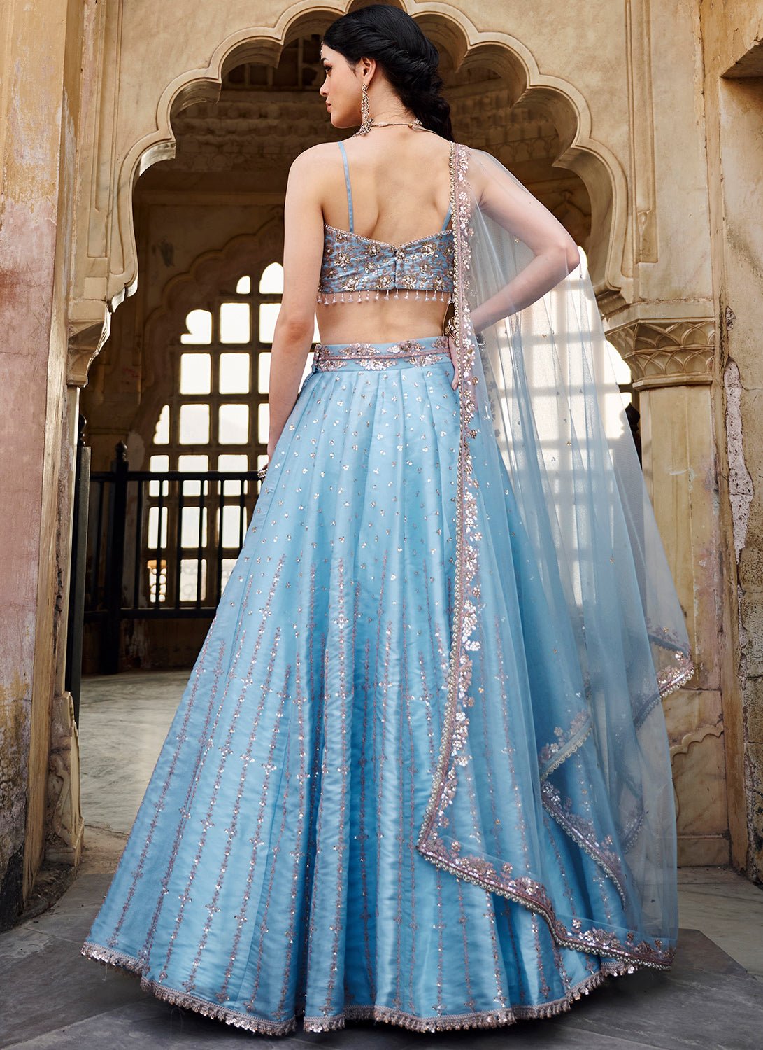 Sky Blue Embroidered Organza Lehenga - Lashkaraa