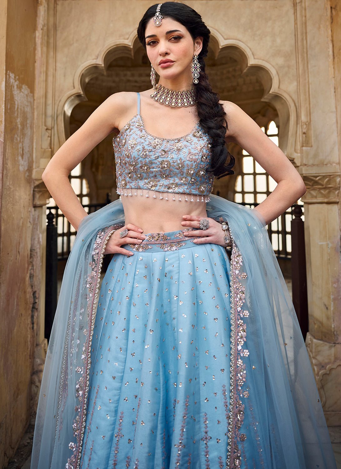 Sky Blue Embroidered Organza Lehenga - Lashkaraa
