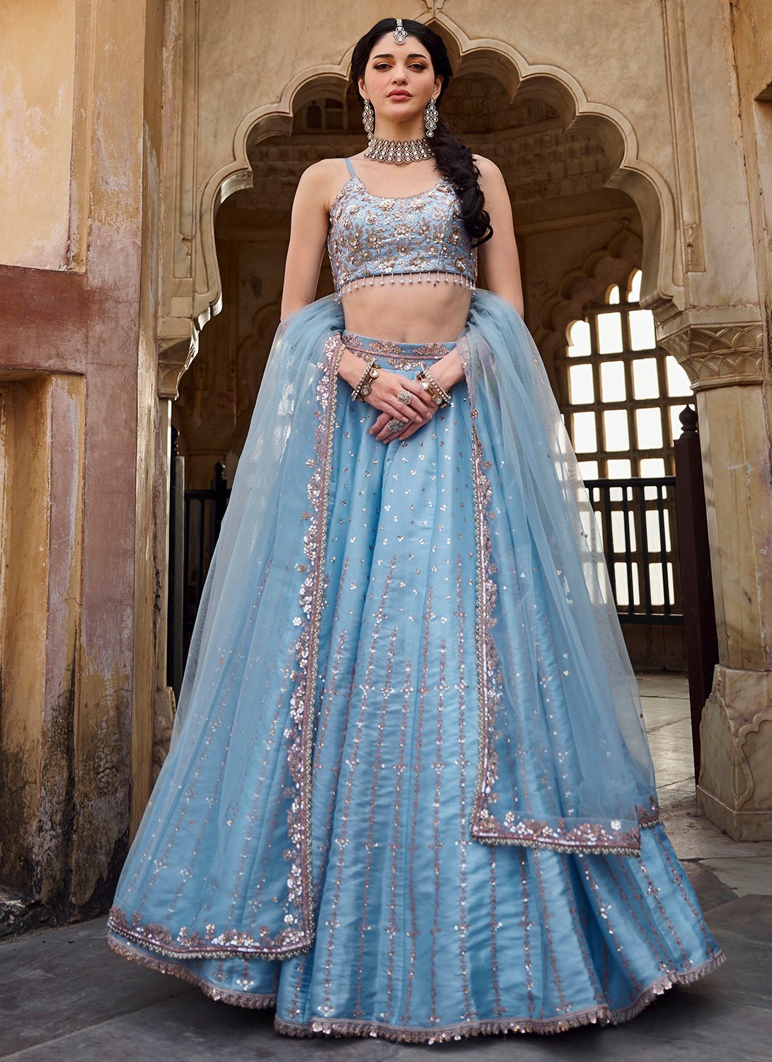 Sky Blue Embroidered Organza Lehenga - Lashkaraa