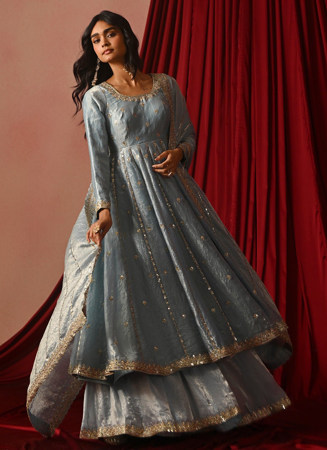 Sky Blue Embroidered Tissue Anarkali - Lashkaraa