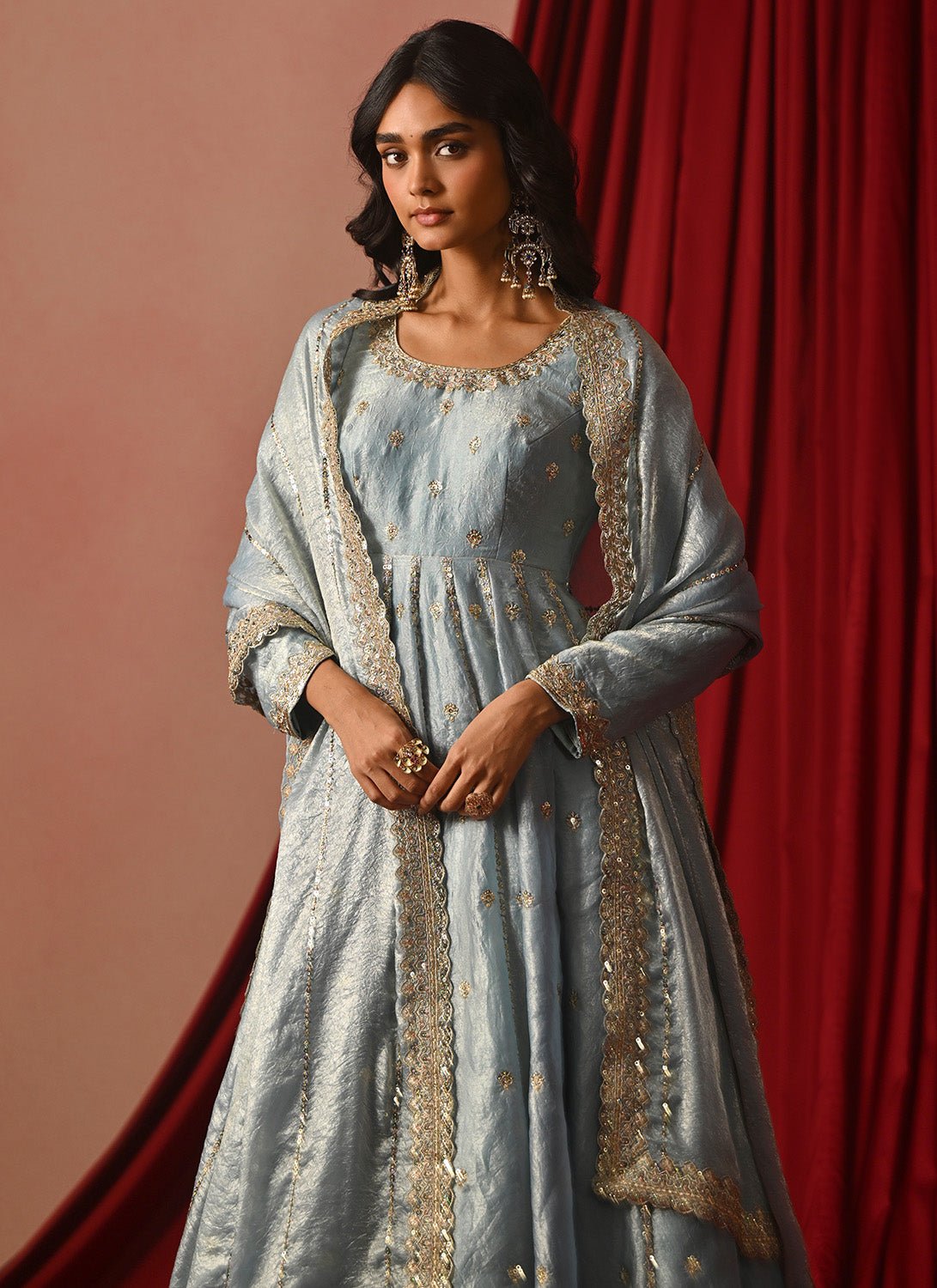 Sky Blue Embroidered Tissue Anarkali - Lashkaraa