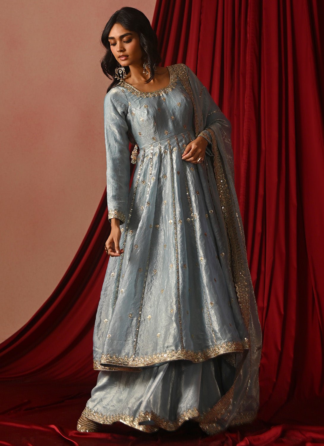 Sky Blue Embroidered Tissue Anarkali Sky Blue Embroidered Tissue Anarkali