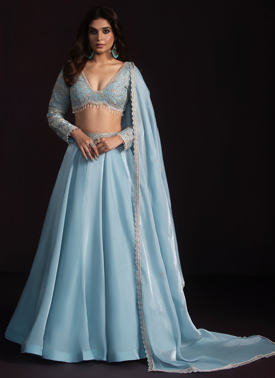 Sky Blue Embroidered Tissue Lehenga - Lashkaraa