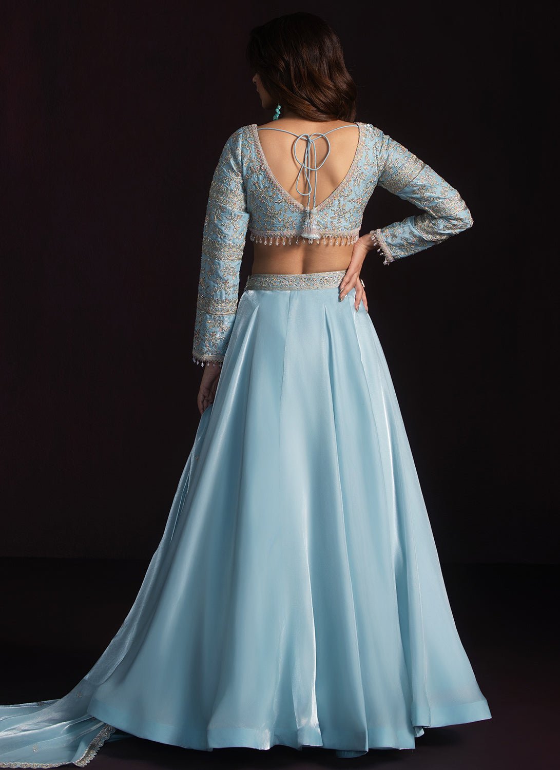 Sky Blue Embroidered Tissue Lehenga - Lashkaraa