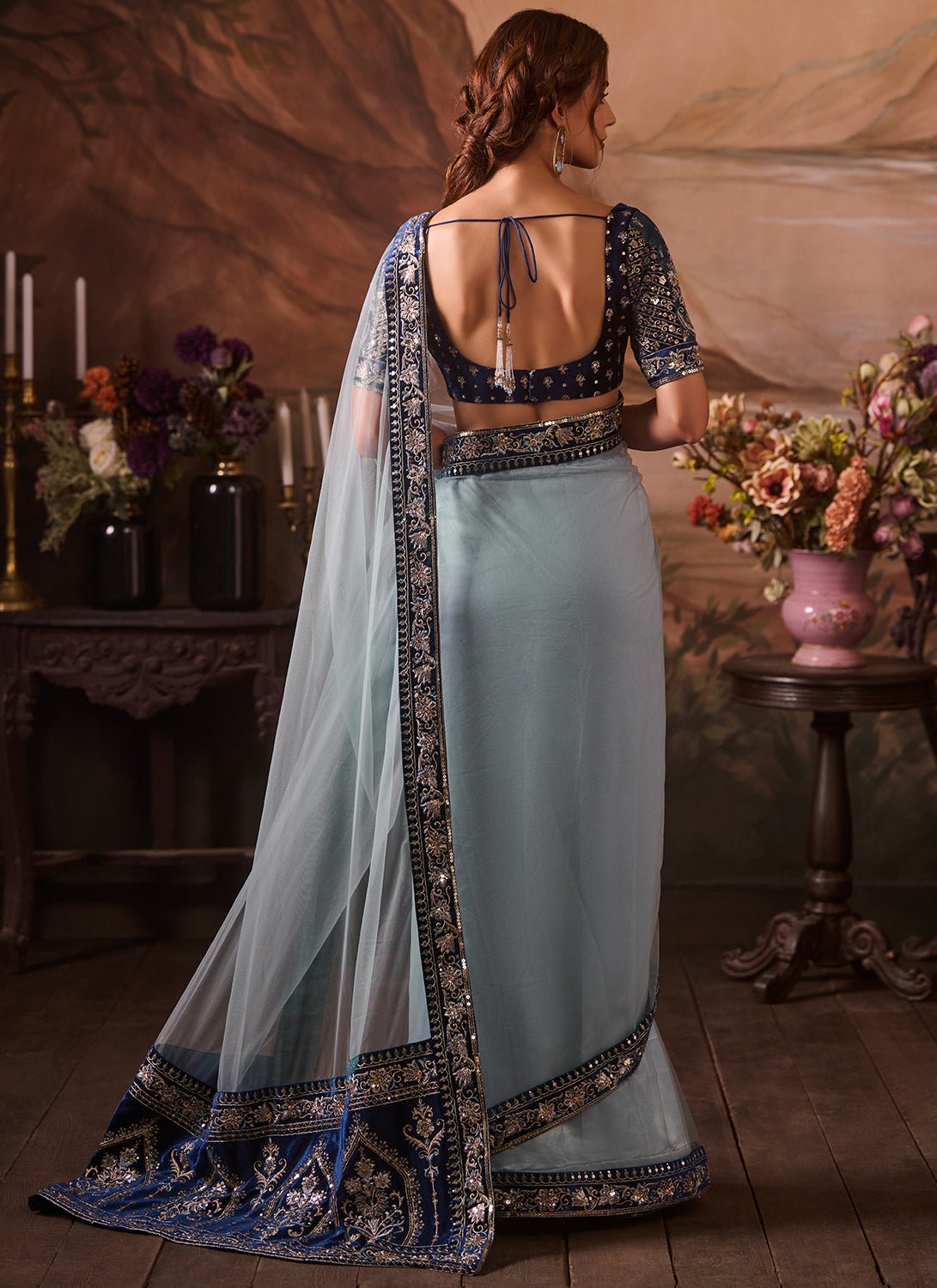 Sky Blue Embroidered Velvet Saree - Lashkaraa