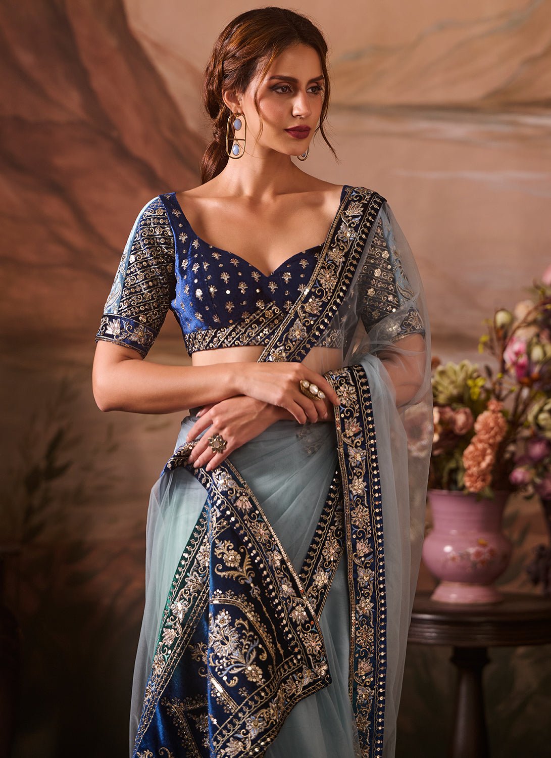 Sky Blue Embroidered Velvet Saree - Lashkaraa
