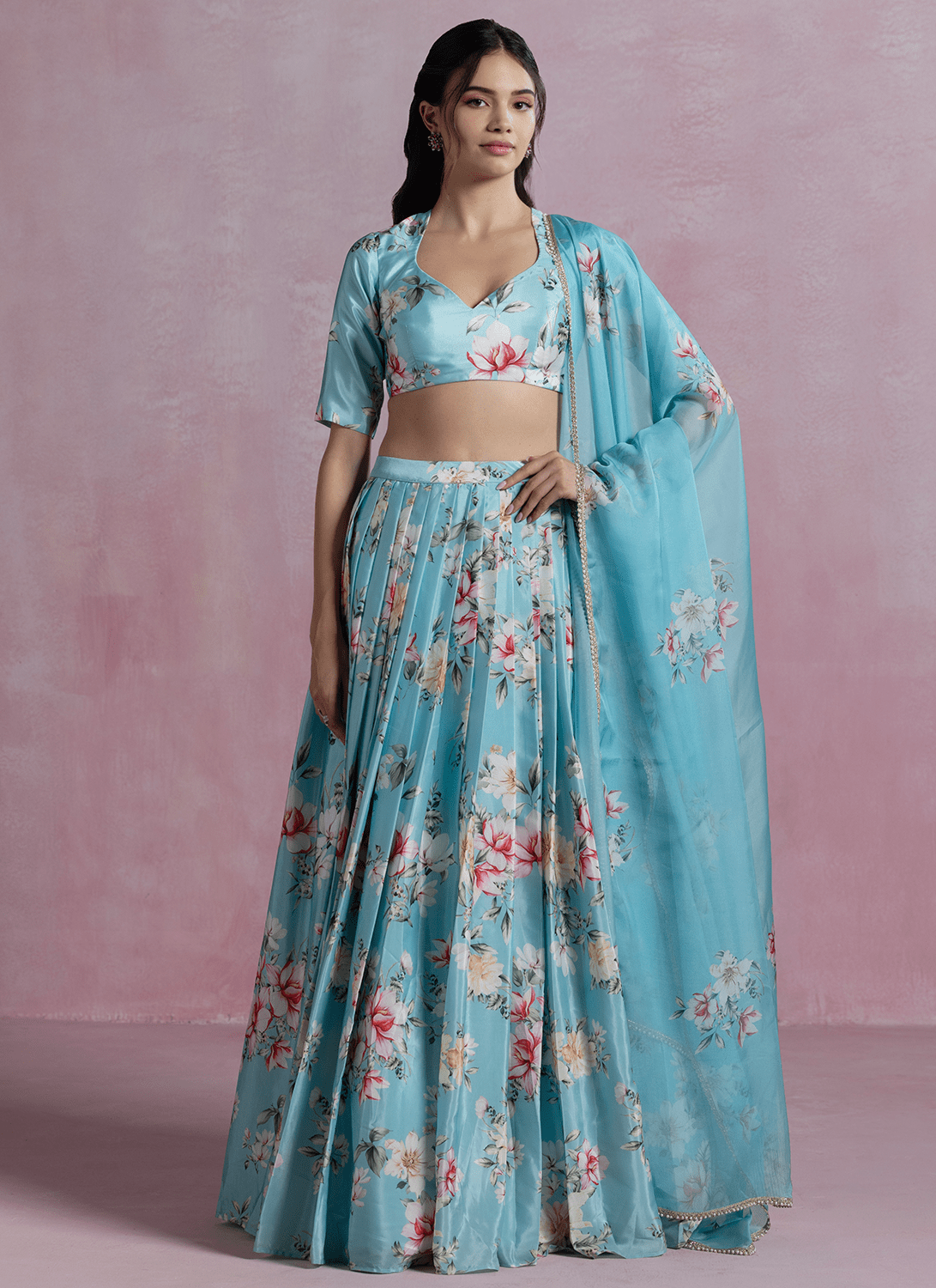 Sky Blue Floral Printed Crepe Silk Lehenga