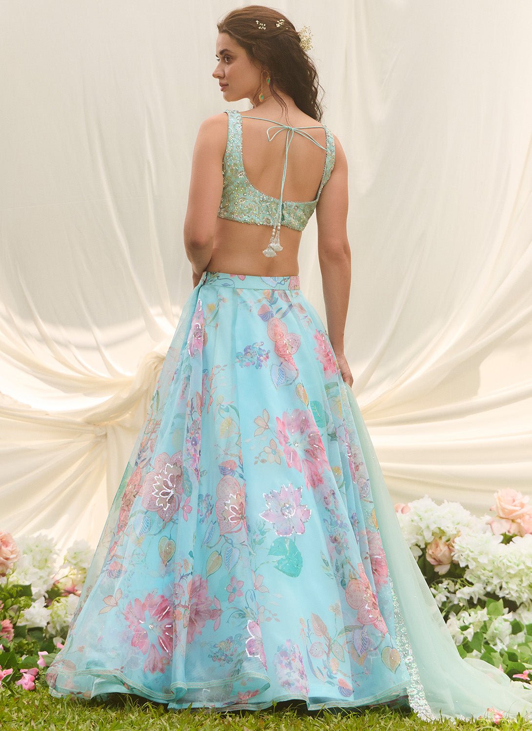 Sky Blue Multicolor Floral Embroidered Lehenga - Lashkaraa