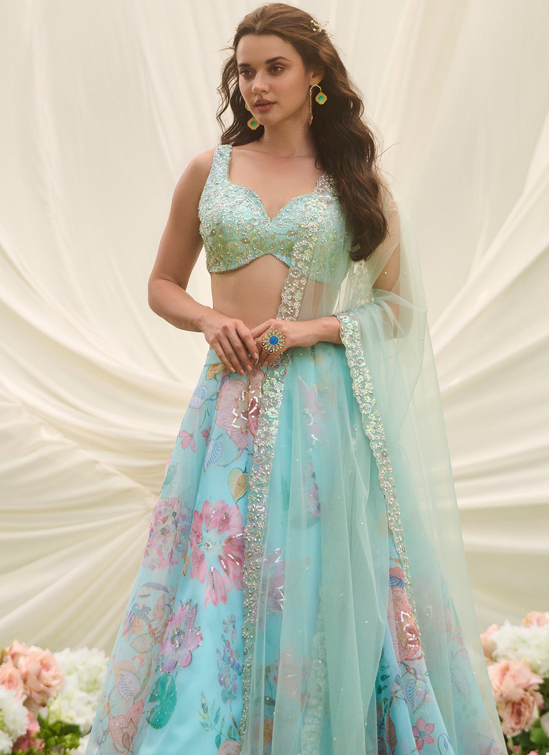 Sky Blue Multicolor Floral Embroidered Lehenga - Lashkaraa