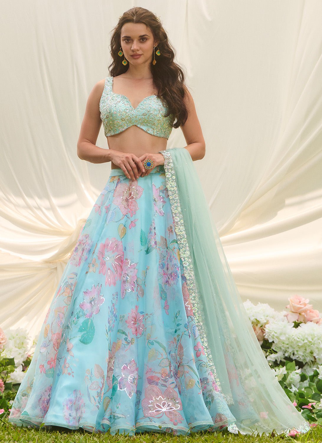 Sky Blue Multicolor Floral Embroidered Lehenga - Lashkaraa
