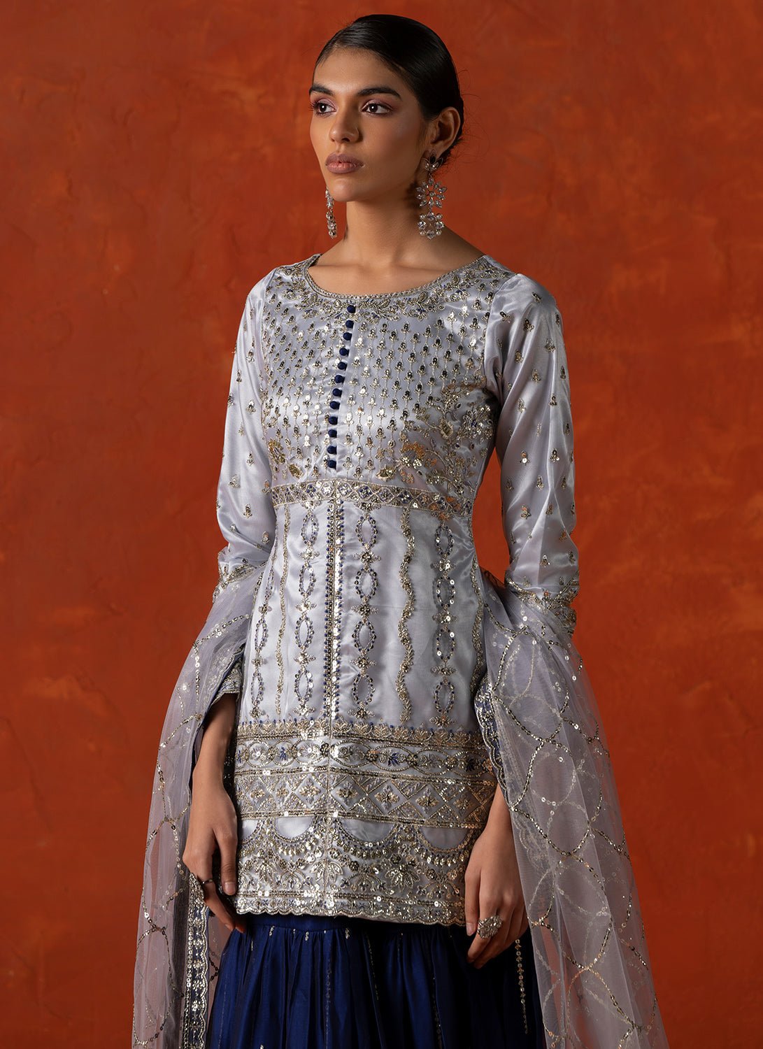 Soft Blue and Navy Blue Embroidered Gharara Suit - Lashkaraa