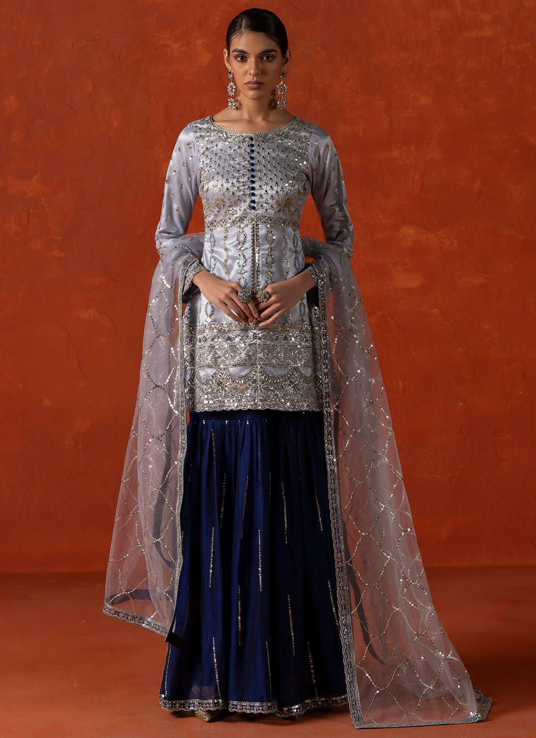 Soft Blue and Navy Blue Embroidered Gharara Suit - Lashkaraa