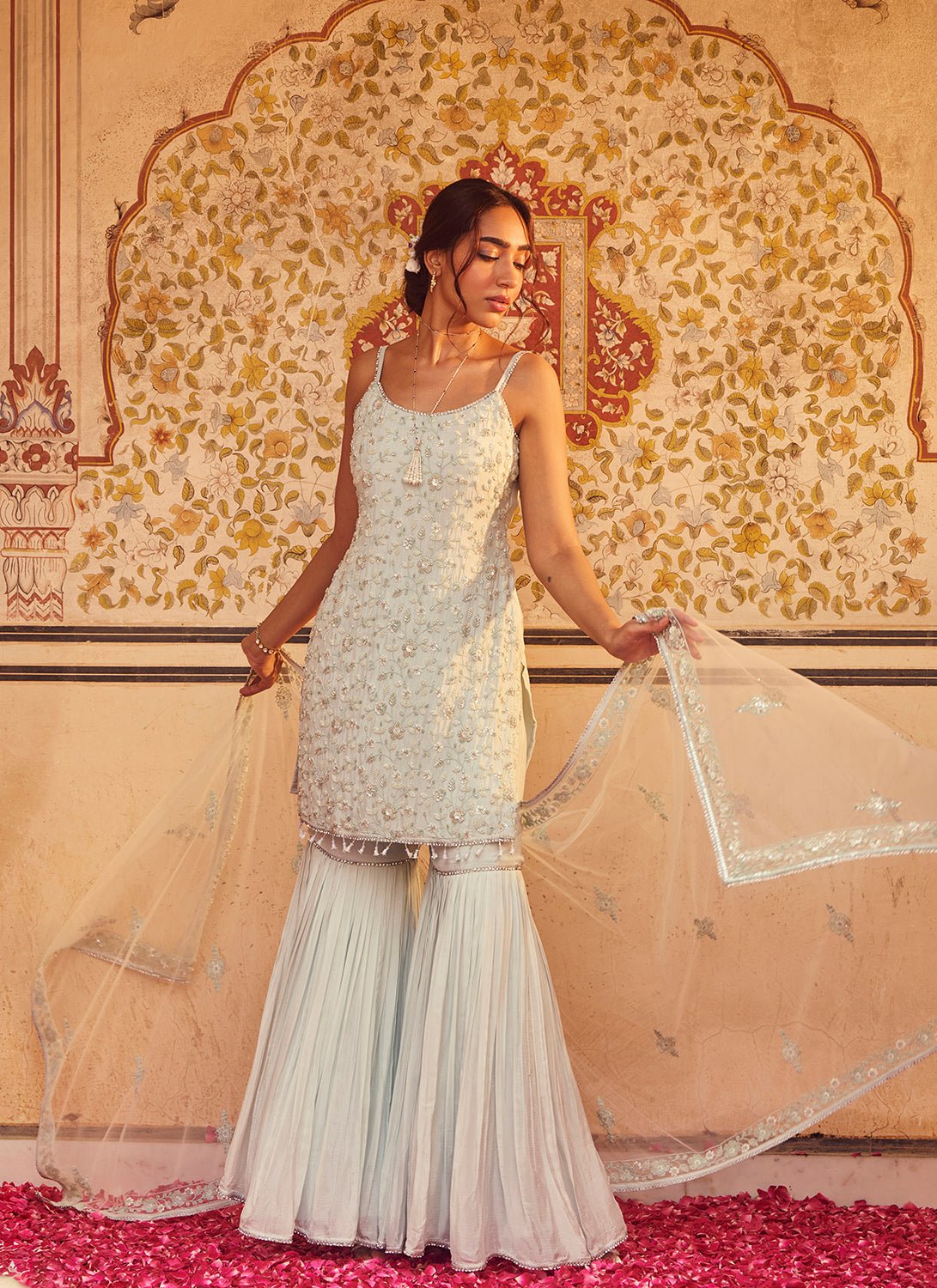Soft Blue Embroidered Chinon Gharara Suit - Lashkaraa