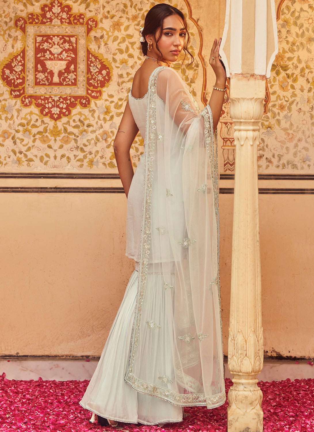 Soft Blue Embroidered Chinon Gharara Suit - Lashkaraa