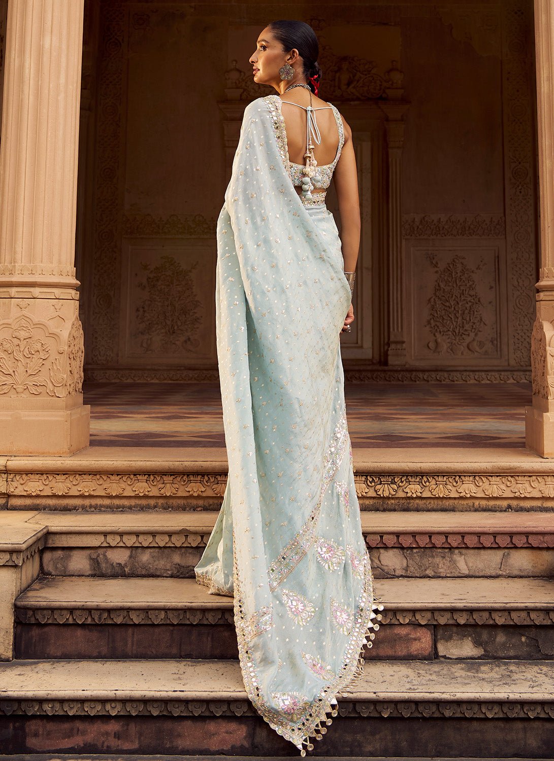 Soft Blue Embroidered Viscose Silk Saree - Lashkaraa
