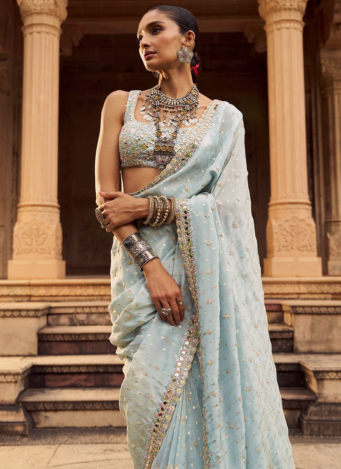 Soft Blue Embroidered Viscose Silk Saree - Lashkaraa