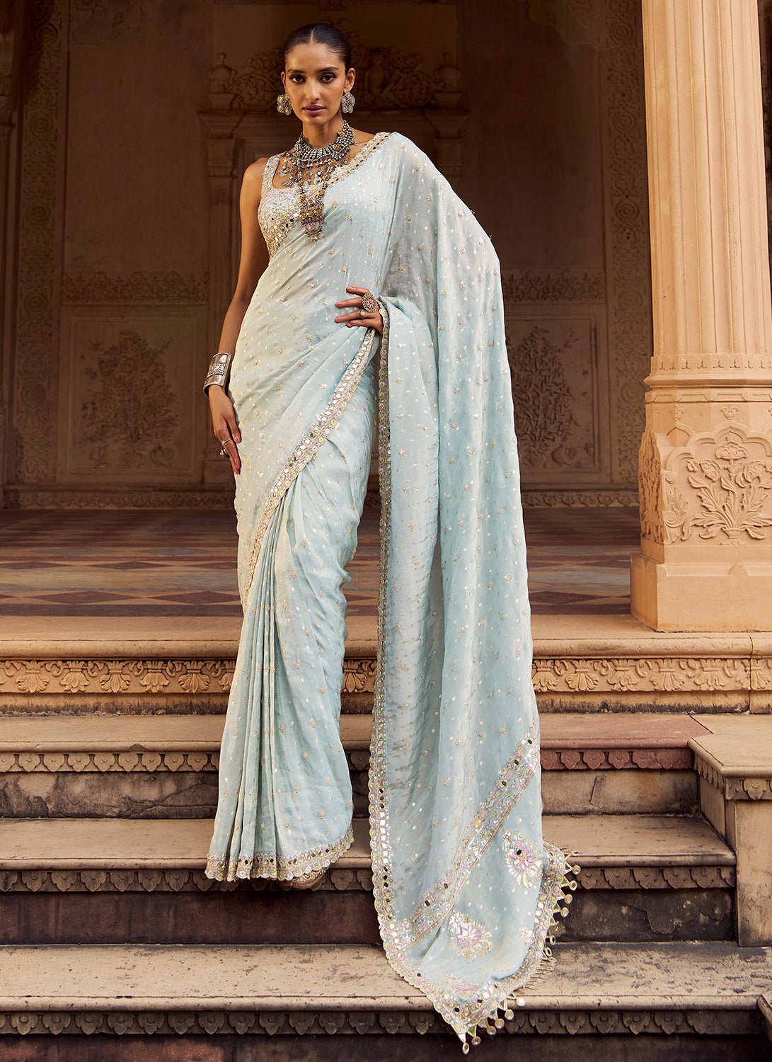 Soft Blue Embroidered Viscose Silk Saree - Lashkaraa