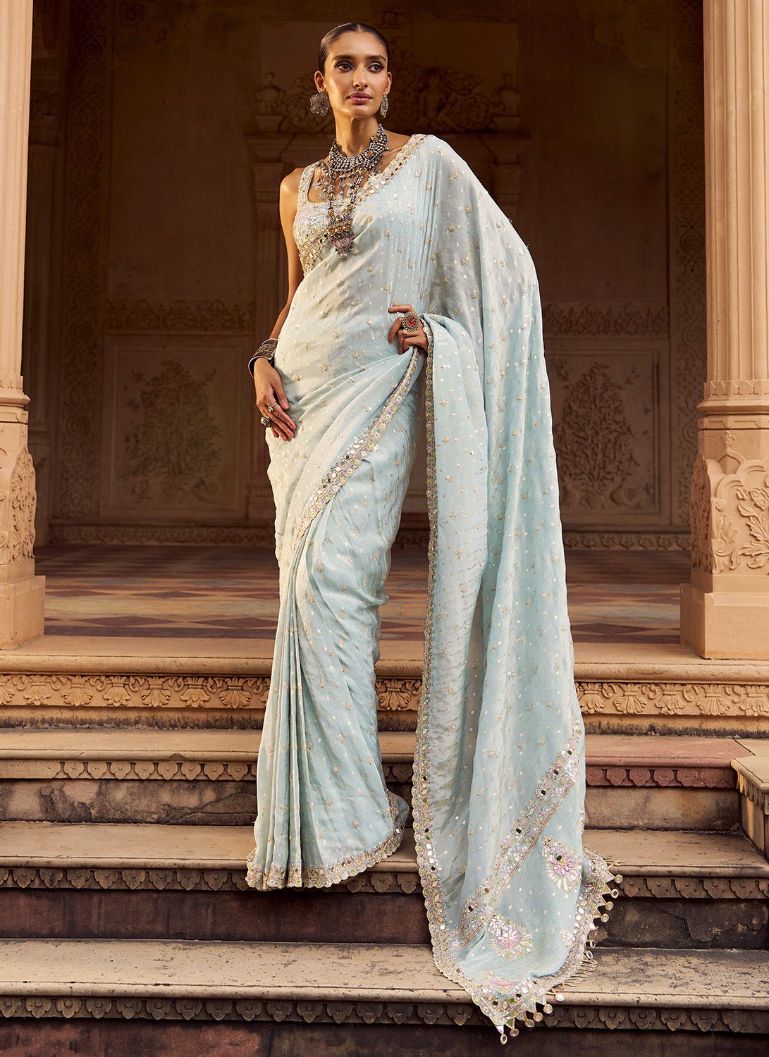 Soft Blue Embroidered Viscose Silk Saree - Lashkaraa
