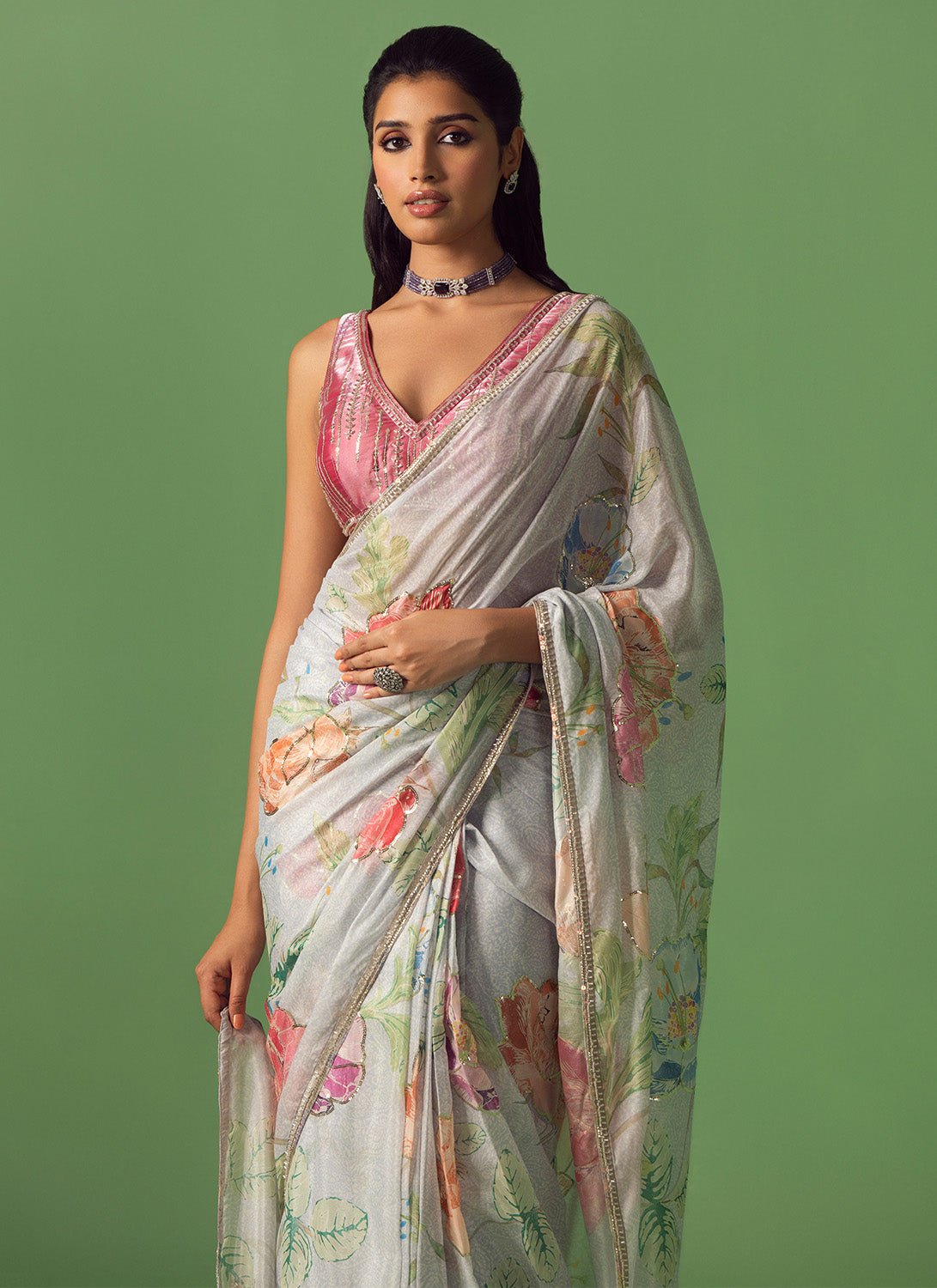 Soft Blue Multicolor Floral Printed Saree - Lashkaraa