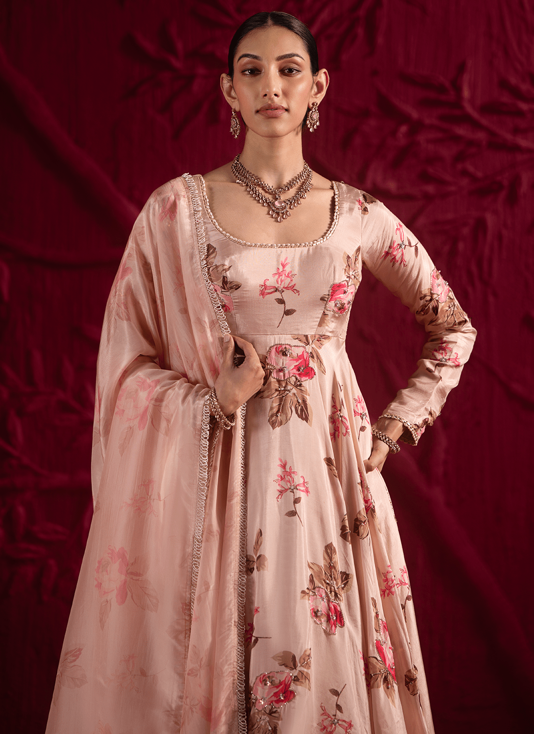 Soft Champagne Pink Floral Embroidered Anarkali - Lashkaraa