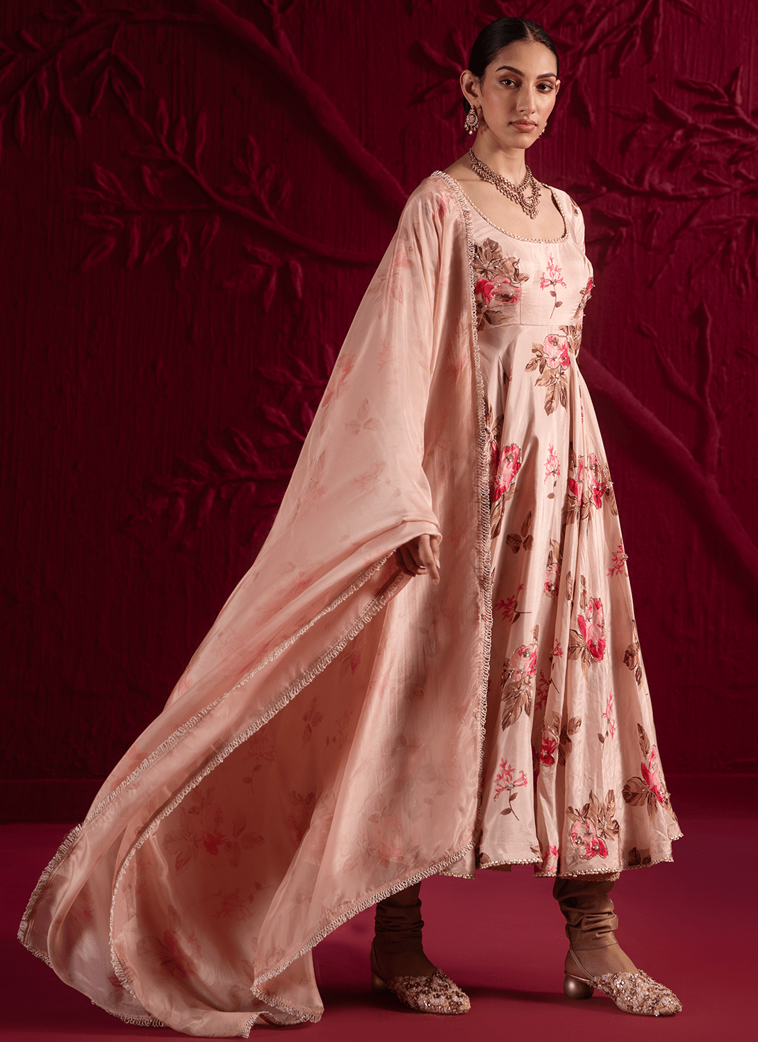 Soft Champagne Pink Floral Embroidered Anarkali - Lashkaraa