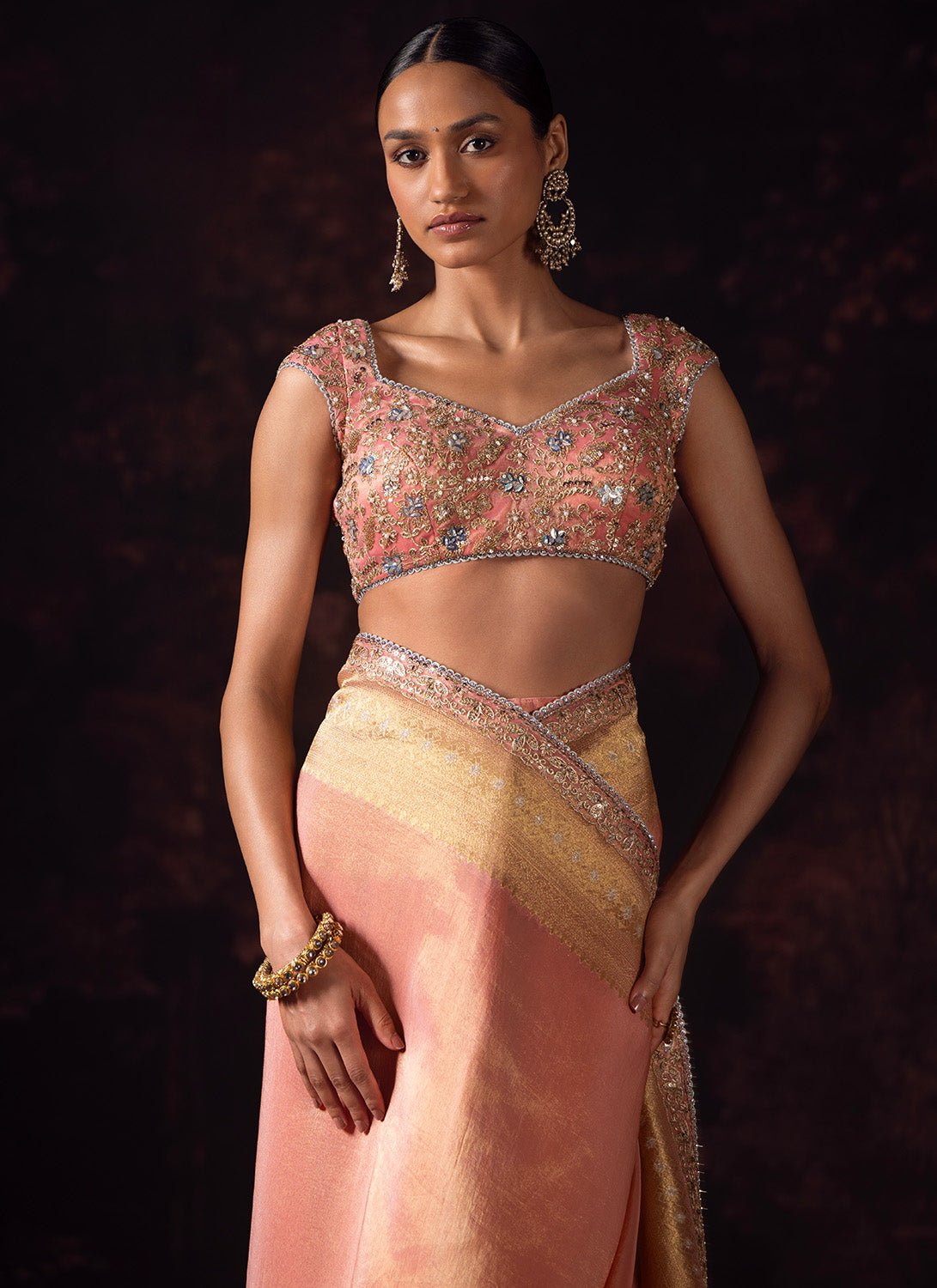 Soft Coral Embroidered Tissue Saree - Lashkaraa