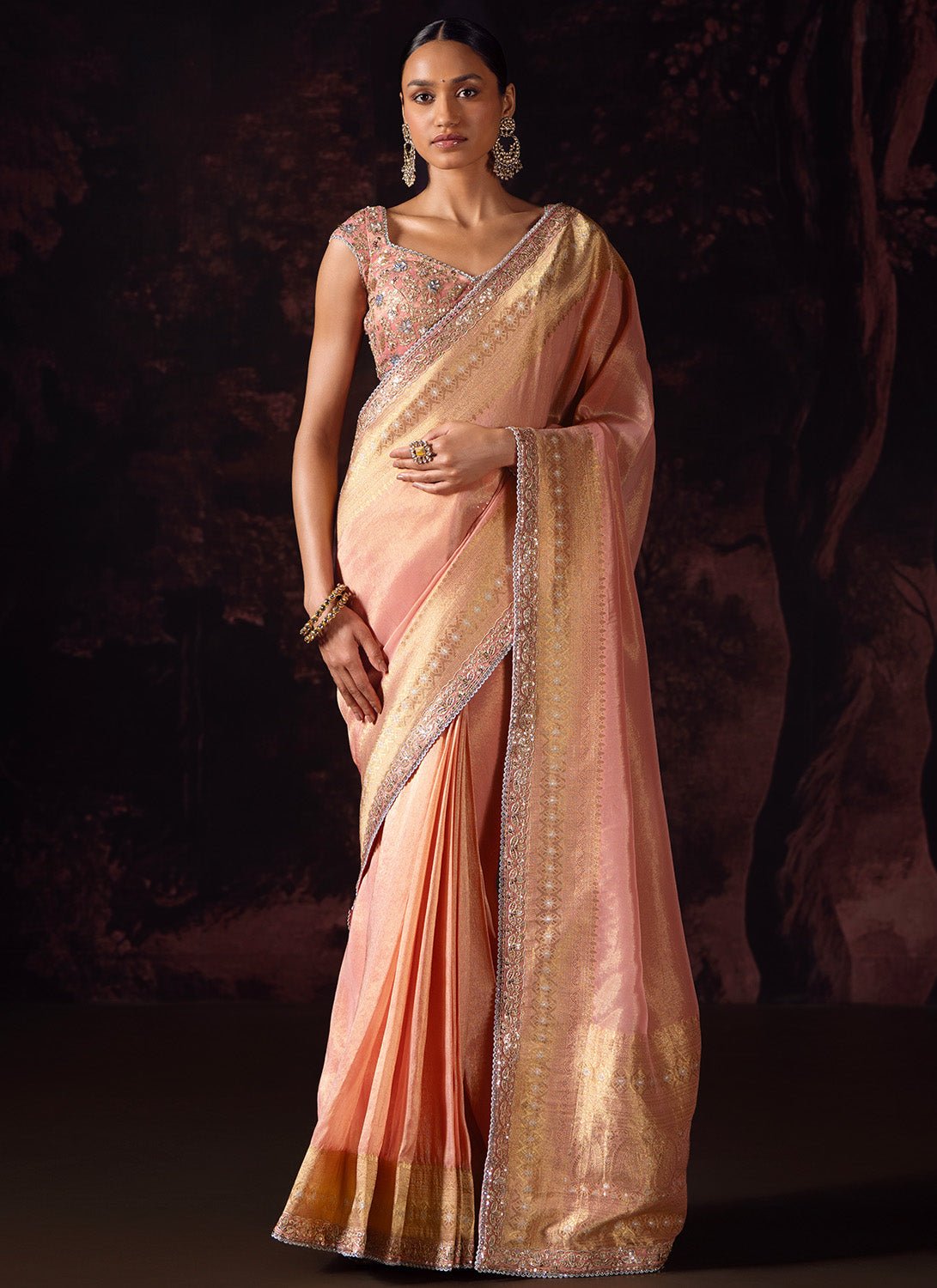 Soft Coral Embroidered Tissue Saree - Lashkaraa