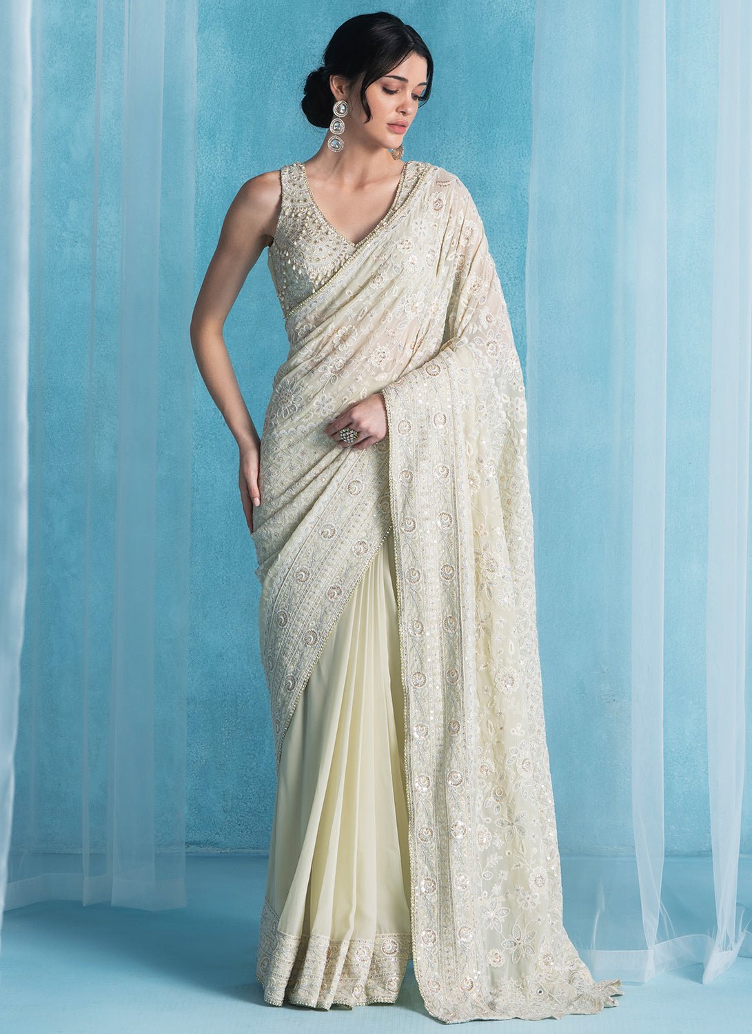 Soft Green Embroidered Georgette Saree - Lashkaraa