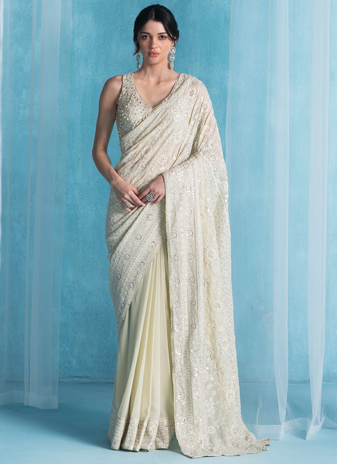 Soft Green Embroidered Georgette Saree - Lashkaraa
