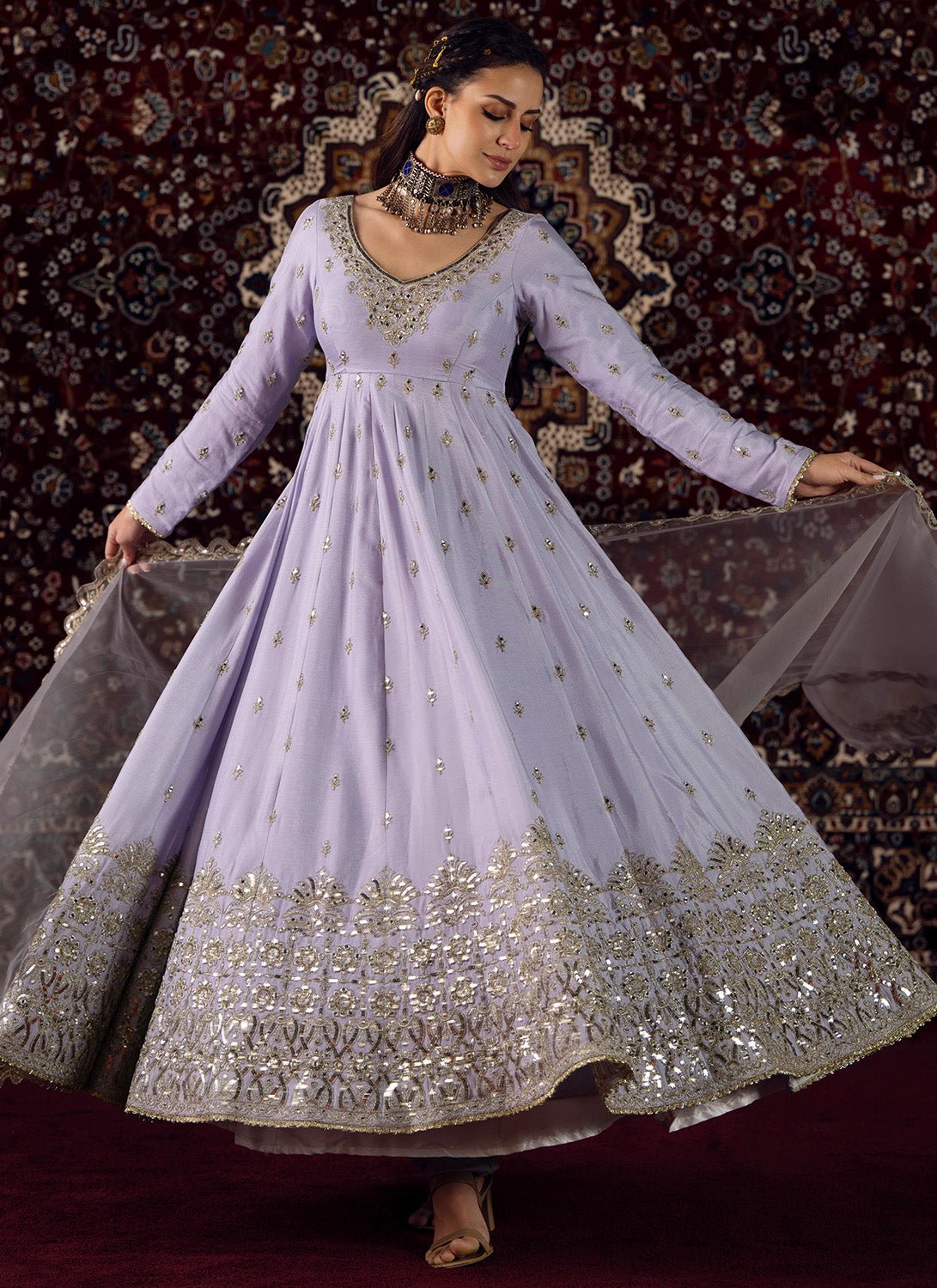 Soft Lavender Embroidered Chiffon Anarkali - Lashkaraa