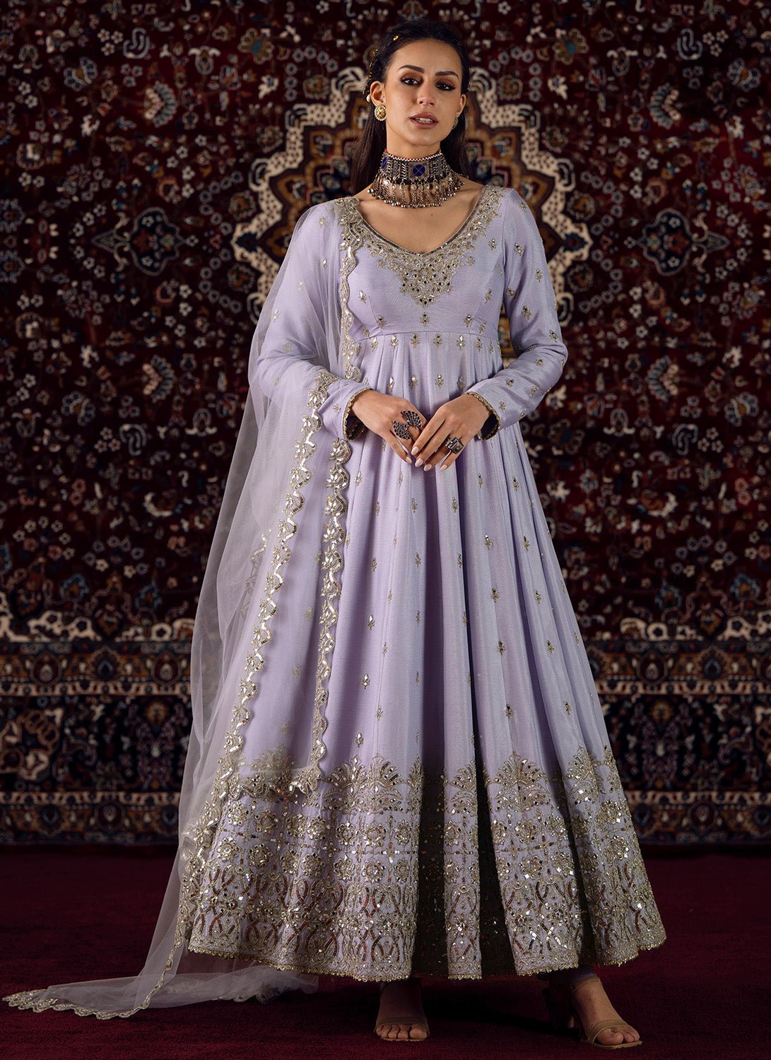 Soft Lavender Embroidered Chiffon Anarkali - Lashkaraa