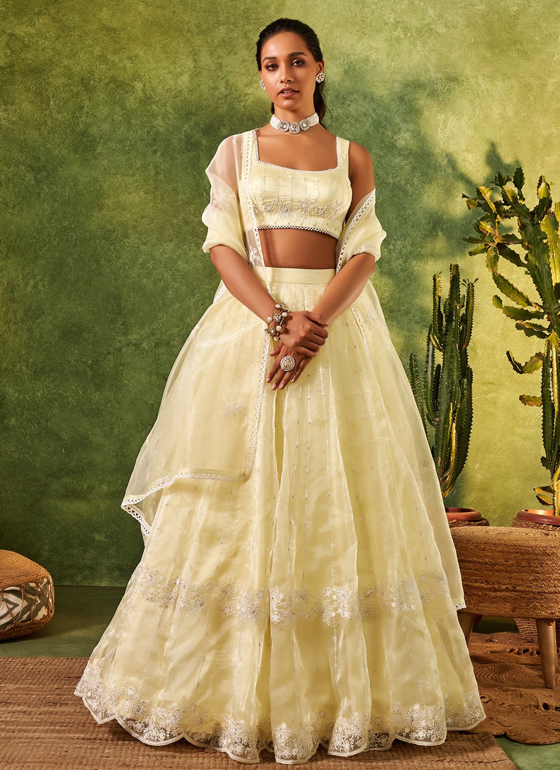 Soft Lime Embroidered Organza Lehenga - Lashkaraa