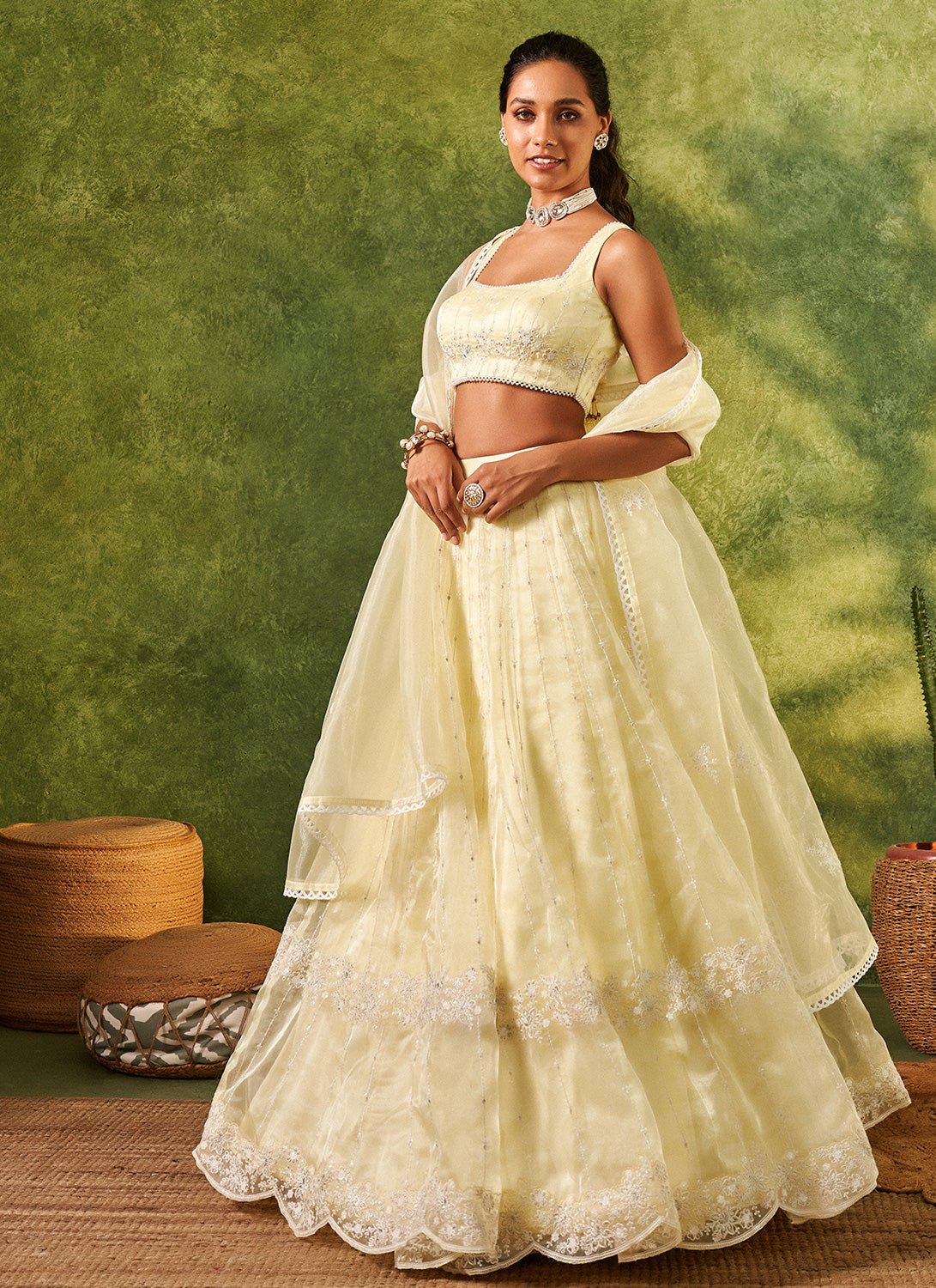 Soft Lime Embroidered Organza Lehenga - Lashkaraa