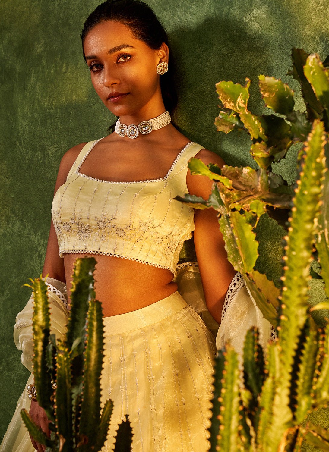 Soft Lime Embroidered Organza Lehenga - Lashkaraa