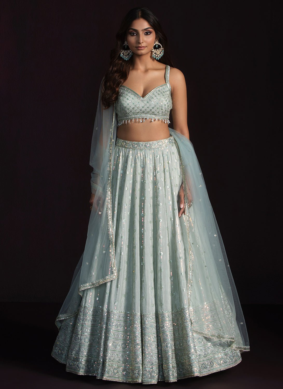 Soft Mint Embroidered Crepe Lehenga - Lashkaraa