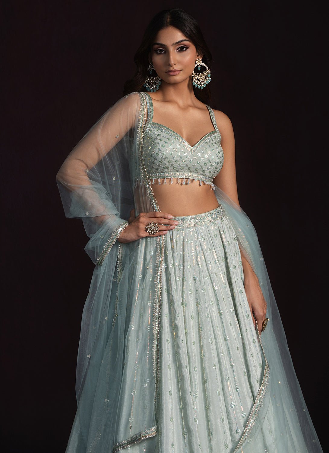 Soft Mint Embroidered Crepe Lehenga - Lashkaraa