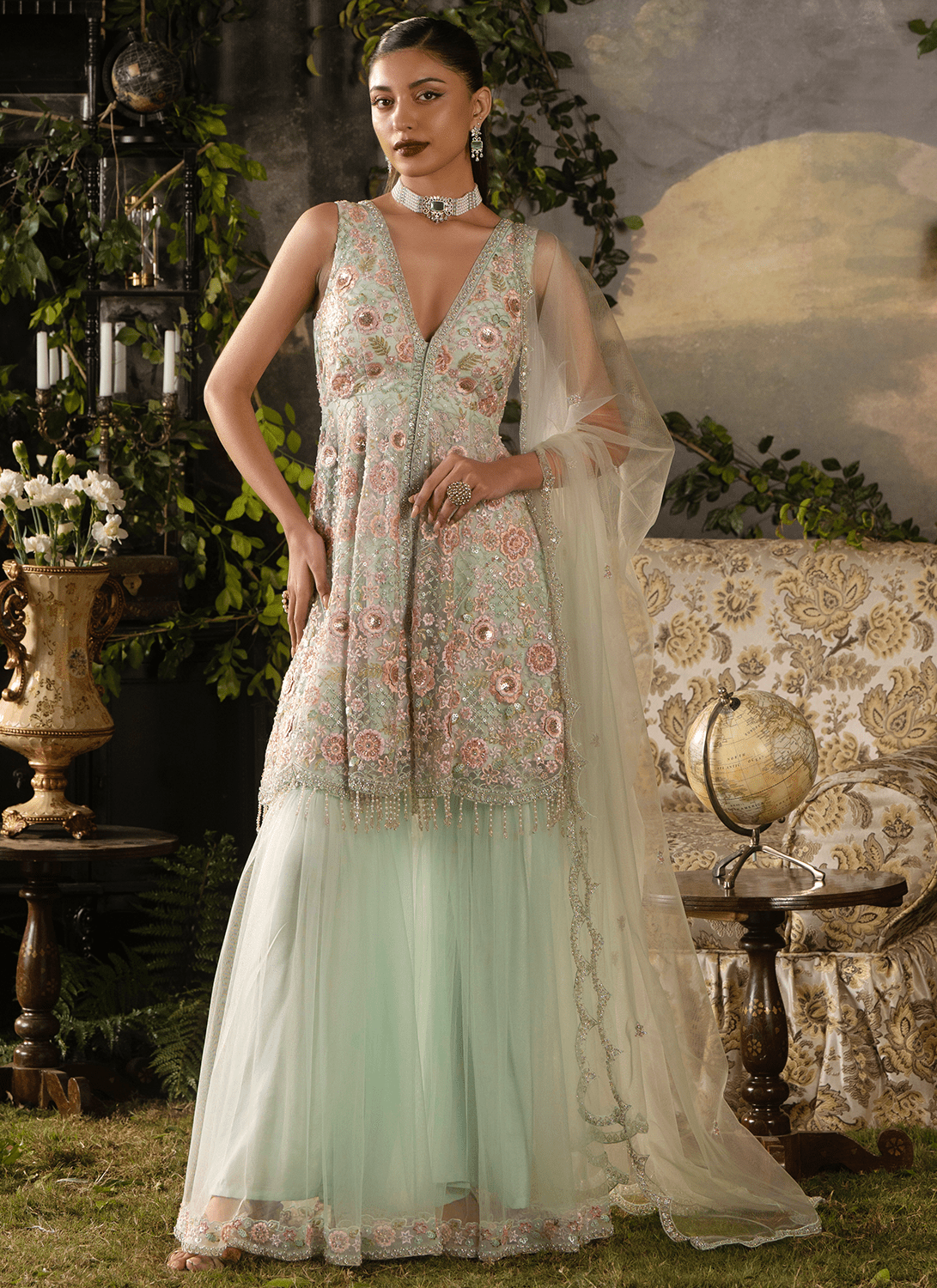 modern gharara sharara dress Soft Mint Embroidered Net XS is:btm work guaranteed Slightly color Colour:SILVER VEIL Modest Crepe Civil Wedding