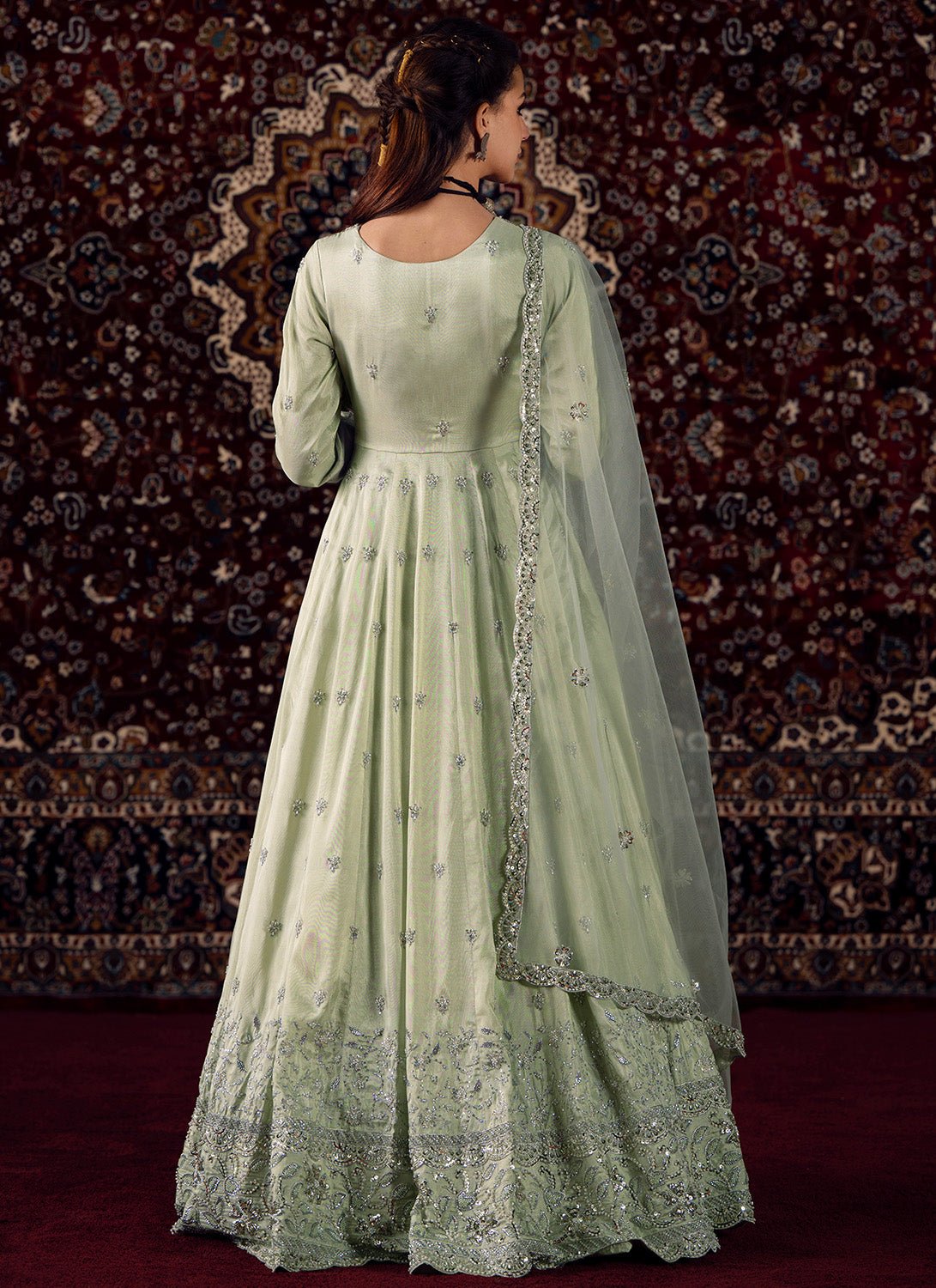 Soft Mint Embroidered Silk Anarkali - Lashkaraa
