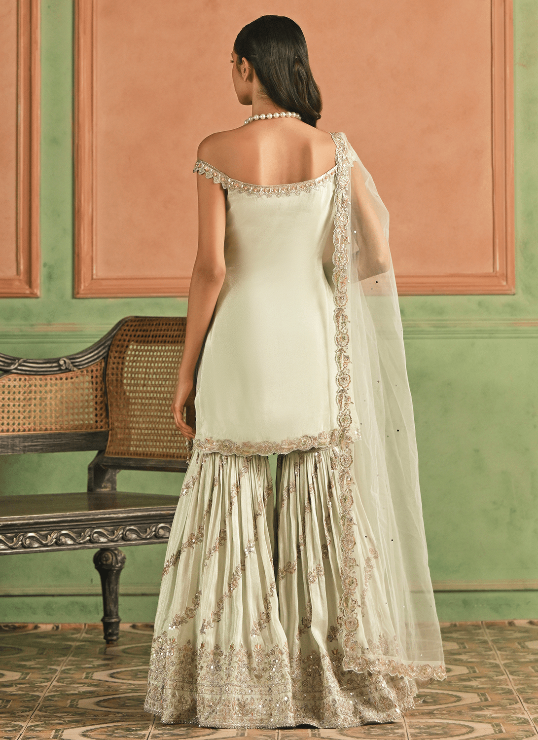 Soft Mint Embroidered Viscose Gharara - Lashkaraa