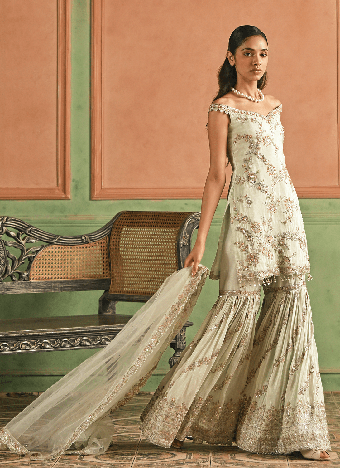 Soft Mint Embroidered Viscose Gharara - Lashkaraa