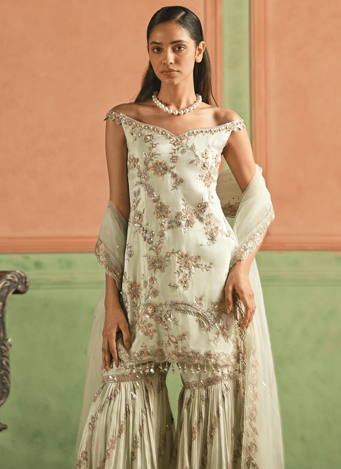 Soft Mint Embroidered Viscose Gharara - Lashkaraa